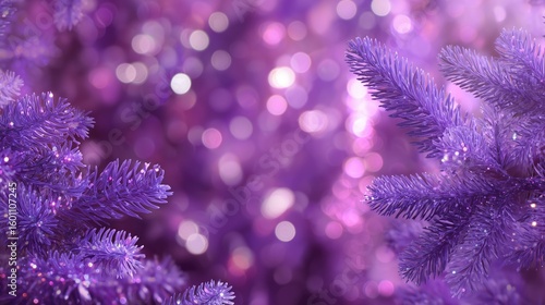 Purple Christmas tree branches with bokeh lights