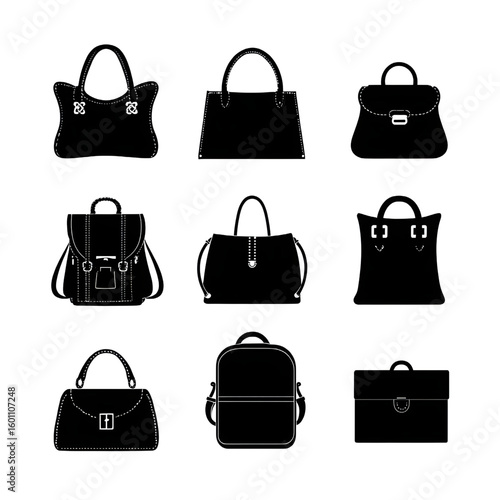 Vector Silhouettes of Various Bag Styles Including Handbags, Backpacks, and Briefcases Arranged in Grid Layout