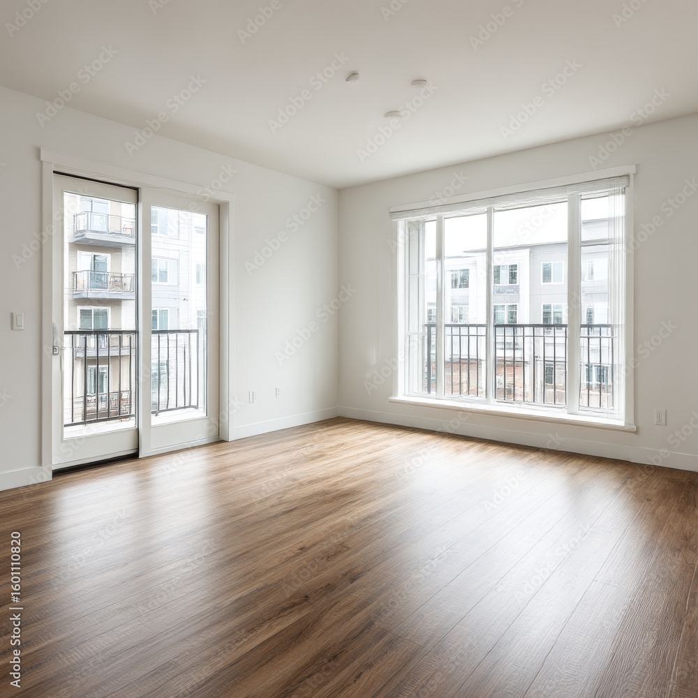 Fototapeta premium Interior of empty spacious living room with white walls and laminated floor with doors leading to balcony