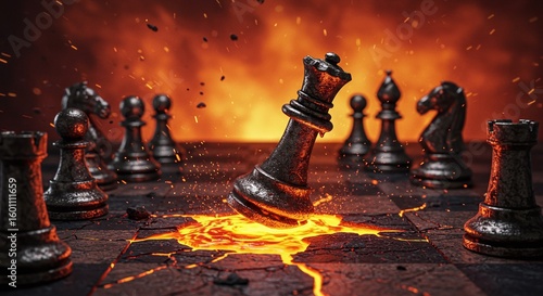 Burning Chessboard with Black Queen: Strategic Game, Intense Competition, Destruction, Loss, Strategy, Risk, Conceptual, Challenge, Fire, Orange, Power