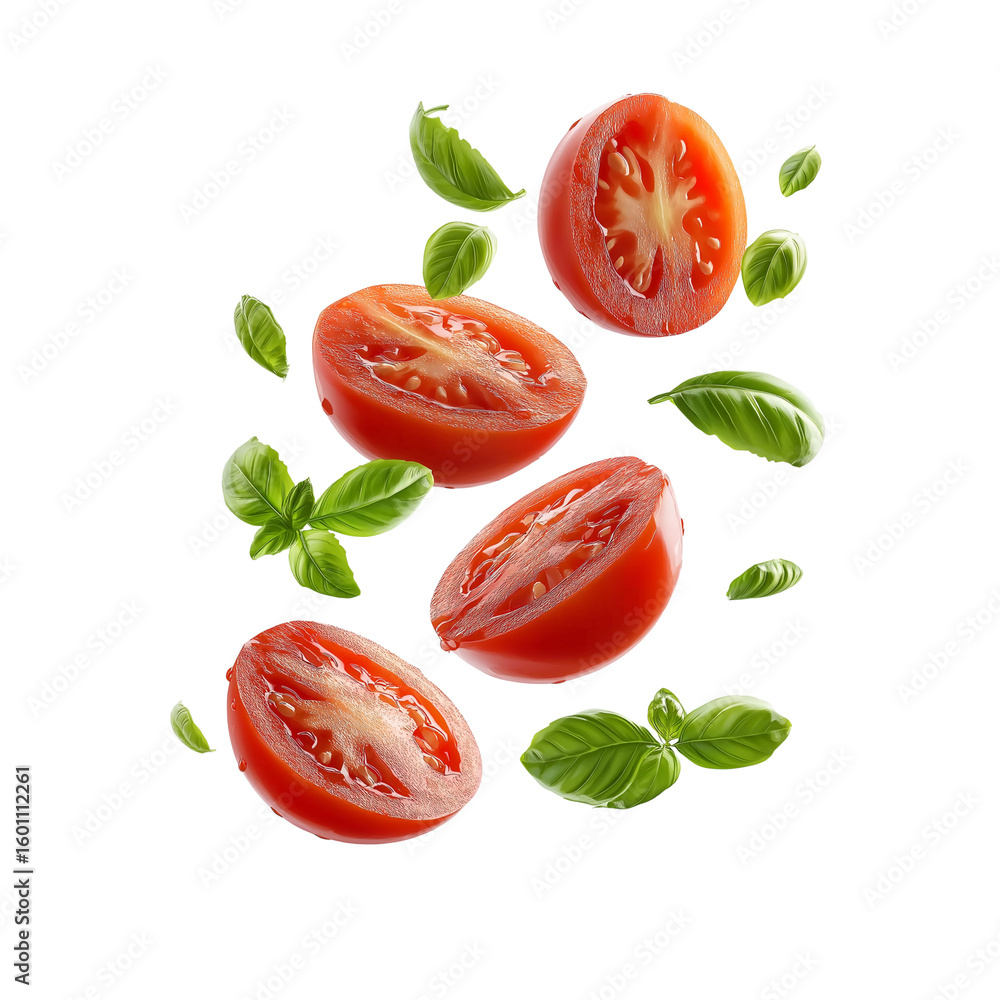 Naklejka premium Sliced tomatoes and basil leaves floating in the air on a white background, flat lay, top view, high-resolution photography, high detail, stock photo, isolated