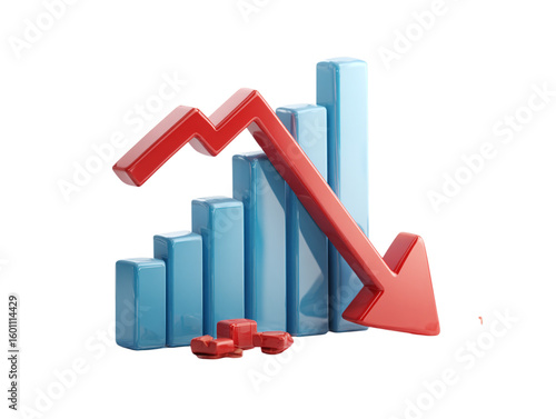 3D graph icon in cartoon plastic style, showing business failure with downward red arrow, isolated on transparent background 