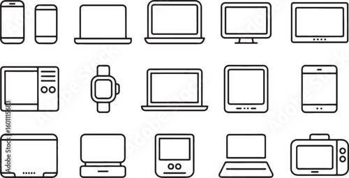 Electronic Devices Icons: Smartphones, Laptops, Tablets, Watches,electronics icons, smartphone icon, laptop outline, tablet vector, smartwatch symbol, microwave icon, gadget icons, technology icons