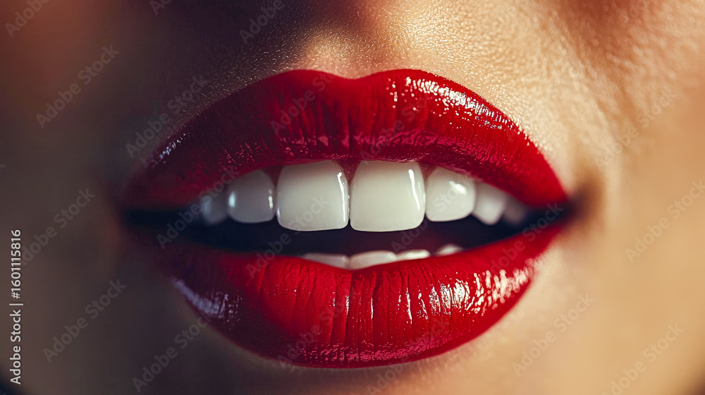 Fototapeta premium Close-up of lips with bold red lipstick and white teeth
