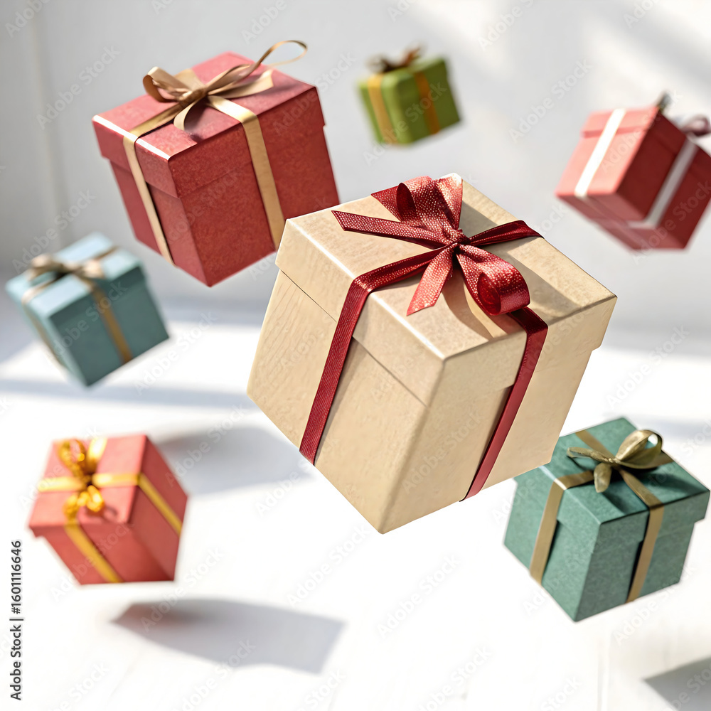 Fototapeta premium 3D rendering of floating gift boxes isolated on white background presenting creative and modern visuals