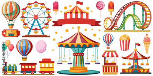 Amusement park flat vector set. Ferris wheel, roller coaster, carousel and train
