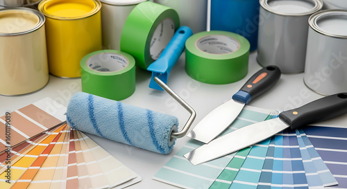 Assortment of painting supplies including paint cans roller tape and color swatches on a white surface ai generated