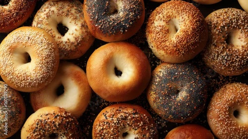 Delicious assortment of toasted sesame seed bagels, 4k video