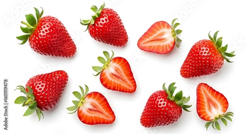 Fresh ripe strawberries scattered on a white background