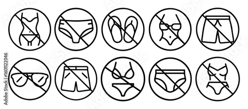 Beach ban signs icons set. Vector set of no nudity swimwear allowed icons