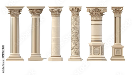 A set of columns with various shapes and styles, in a beige color on a white background, in a 3D illustration style, detailed and hyper-realistic, isolated on a white background, in PNG format.