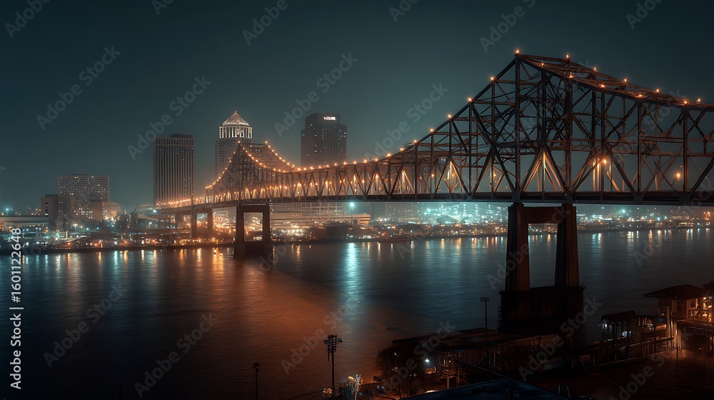 Fototapeta premium Modern illuminated city bridge glowing vibrantly under night sky