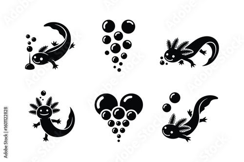 Black axolotl silhouettes with bubbles and leaves vector