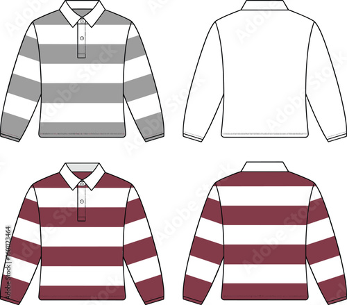 Rugby shirt cad template, front and back flat view, striped polo shirt vector, long sleeve fashion apparel technical sketch