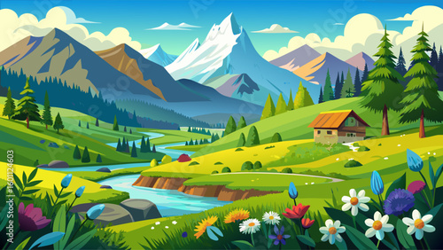 very Beautiful Idyllic landscape in the Alps with green meadows and flowers
