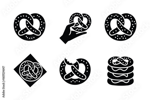 Black pretzel silhouettes various poses and arrangements food baked goods