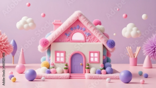 Charming Pastel House: Whimsical 3D Illustration for Children's Design & Dreamy Concepts