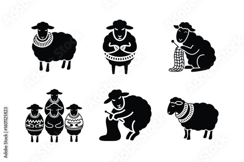 Black sheep silhouettes engaged in various activities including knitting and standing