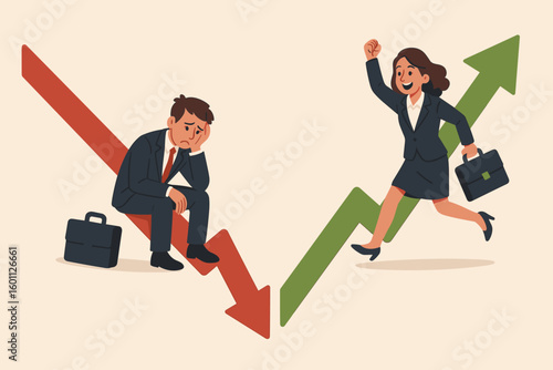 Business competition concept with man on down arrow and woman on up arrow. Success vs failure, income vs loss, and winning versus losing in career. Stock market metaphor.