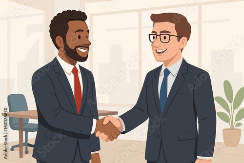 Two diverse businessmen shaking hands in an office. Business concept of a successful partnership, agreement, deal, and teamwork. Greeting or welcome gesture. Vector illustration.