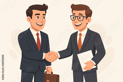 Two businessmen shaking hands. Business handshake illustration. Concept of partnership, agreement, successful deal, cooperation. Smiling partners at meeting. Vector cartoon.