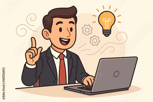 Businessman having a great idea. Creative thinking and innovation concept. Man at laptop finds a solution. Problem-solving and business inspiration vector illustration.