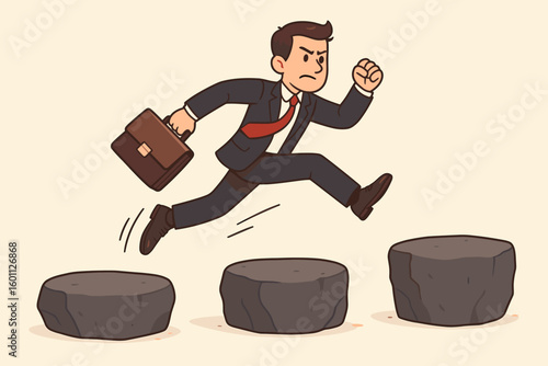 Businessman challenge. Determined and ambitious person jumping over obstacle stepping stones. Ambition going forward. Overcome work problem. Career growth success concept.