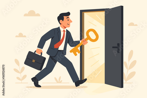 Key to success metaphor. Businessman with big key unlocks door to new business opportunity. Concept of career growth, finding solution, ambition, future, goal. Unlocking potential.
