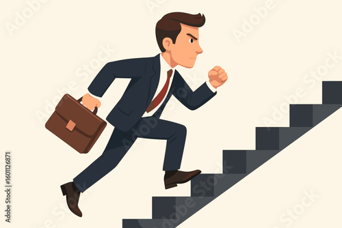 Businessman running up stairs. Determined man on way to top of staircase. Business and career growth concept. Metaphor for success, ambition, and achievement. Motivation.