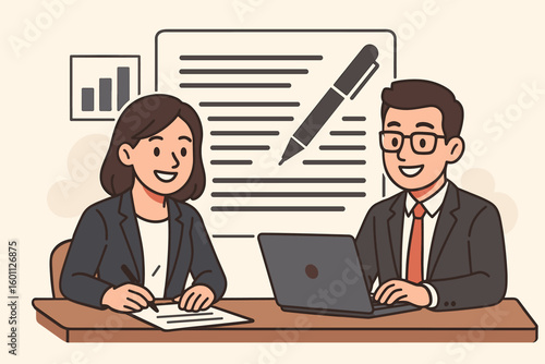 Business people working together. Two colleagues in marketing authoring a text document. Teamwork and collaboration concept. Man on laptop and woman writing for content creation.