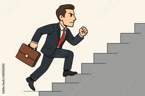 Businessman running up stairs. Determined man on the way to the top. Metaphor for business career, growth, success, ambition, achievement, and challenge. Vector cartoon.