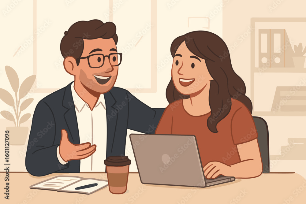 Fototapeta premium Two smiling colleagues, a man and woman, enjoy a friendly conversation in a modern office. Concept of teamwork, positive workplace culture, support, and collaboration.