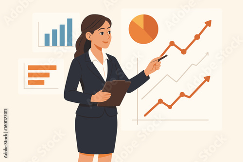 Businesswoman giving a presentation. Professional expert analyzing financial data on charts and graphs. Corporate report, business growth, success strategy, statistics. Vector.