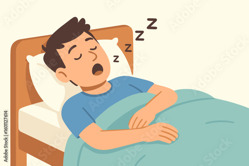 Man sleeping soundly in bed and snoring. Vector illustration of a tired person resting in the bedroom. Concepts of deep sleep, dreaming, relaxation, fatigue, health, rest.