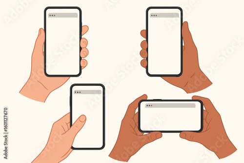 Set of hands holding smartphones. Mobile phone screen mockup collection for app or website presentation. Diverse multiracial hands with blank device display. Vector cartoon concept.