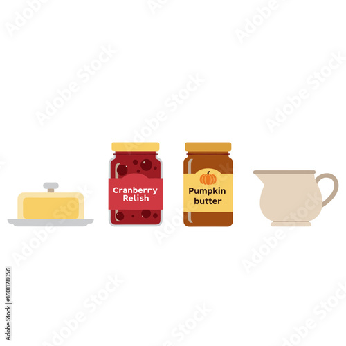 Illustration of butter dish cranberry relish pumpkin butter and cream pitcher