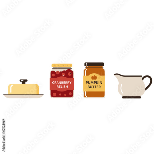 Illustration of butter dish cranberry relish pumpkin butter and gravy boat