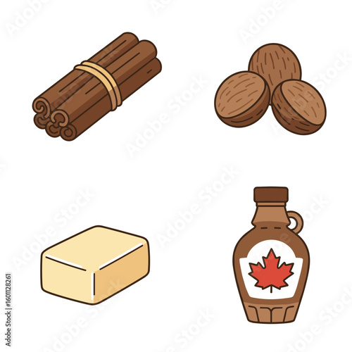 Illustration of cinnamon sticks nutmeg butter and maple syrup in a bottle