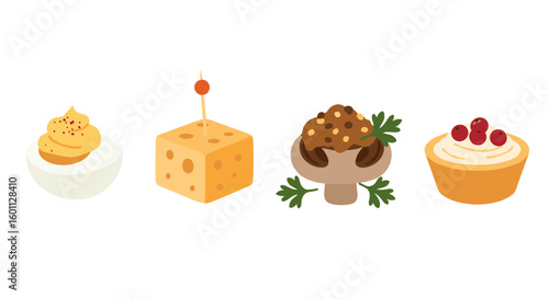 Isometric view of deviled egg cheese cube mushroom and small tartlets food