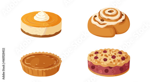 Illustration of four different types of desserts on a white background