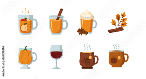 Collection of autumn themed drinks including cider wine and pumpkin spice