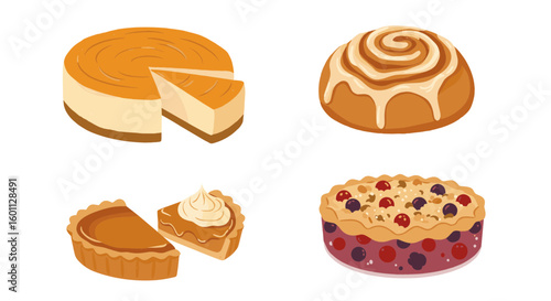 Illustration showing a cheesecake, cinnamon roll, pumpkin pie and berry pie