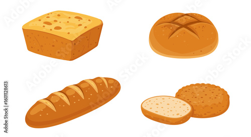Illustration of four different types of bread on a white background