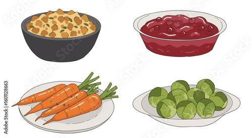 Illustration of thanksgiving dinner with stuffing cranberry sauce carrots