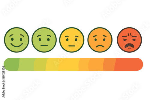 Comprehensive Pain Level Assessment Scale, Visual Facial Expression Chart. Medical Healthcare Survey, Green to Red Spectrum, Emotions Infographic. Patient Self-Reporting Tool, Transparent Background.