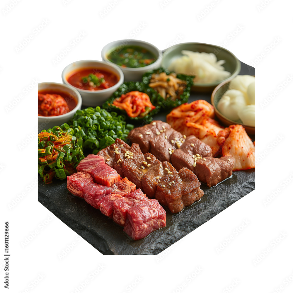 Premium Korean BBQ meat platter. Transparent PNG. Served with sauces, kimchi, and fresh vegetables on slate. Perfect for menu designs, food blogs, and cultural cuisine features. Premium Korean BBQ meat platter. Transparent PNG. Served with sauces, kimchi, and fresh vegetables on slate. Perfect for menu designs, food blogs, and cultural cuisine features.