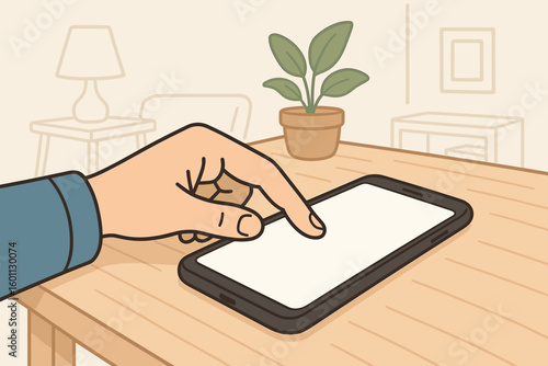 Hand Touching Smartphone Screen on Wooden Desk at Home, Vector Cartoon Illustration of Finger Using Blank Mobile Device, Living Room, Light Background, Digital Technology Communication Concept