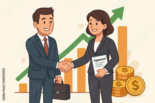 Business Partnership Success – Two Business Professionals Shaking Hands Over Signed Agreement with Upward Financial Graph, Money Coins, Profitable Deal, Teamwork Growth, Economic Opportunity