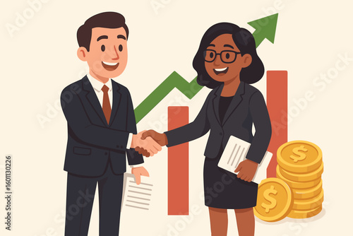 Two Professionals Shaking Hands on Successful Business Deal in Front of Rising Financial Chart, Green Arrow and Gold Coins, Partnership, Corporate Growth, Profitable Agreement, Investment Concept