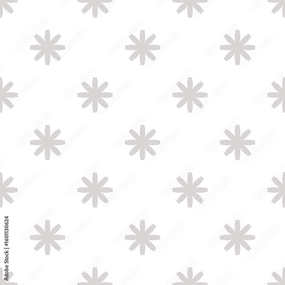 Simple geometric floral ornament. Abstract vector seamless pattern with primitive flower silhouettes. Subtle elegant background. White and grey minimal texture. Repeated design for decor, wallpapers Simple geometric floral ornament. Abstract vector seamless pattern with primitive flower silhouettes. Subtle elegant background. White and grey minimal texture. Repeated design for decor, wallpapers